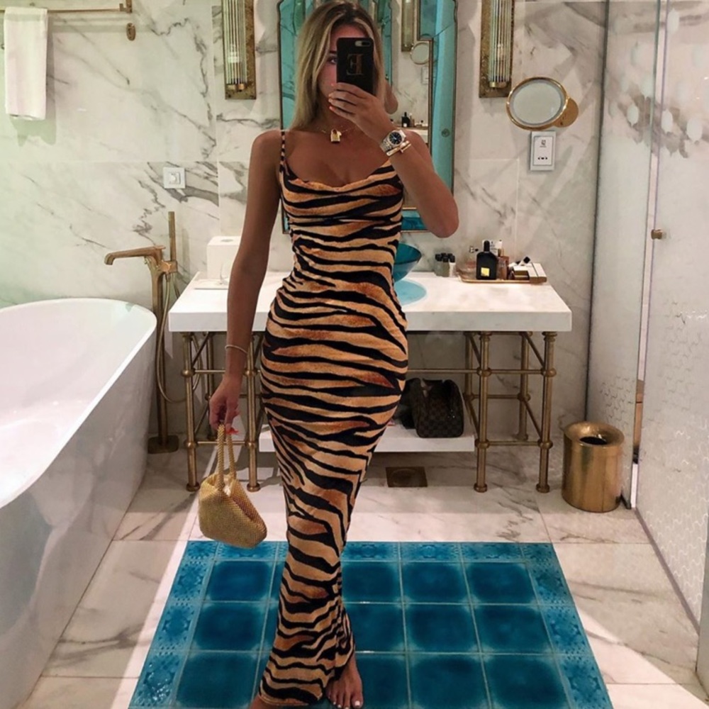 Tan Tiger Print Cowl Maxi Dress